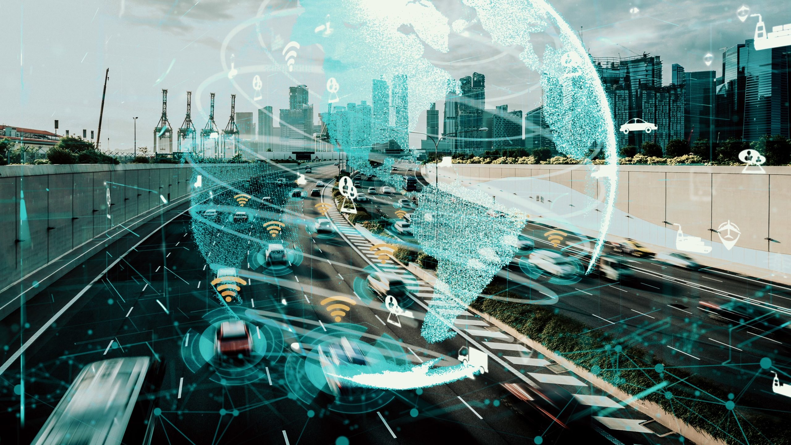Smart transport technology concept for future car traffic on newish city road